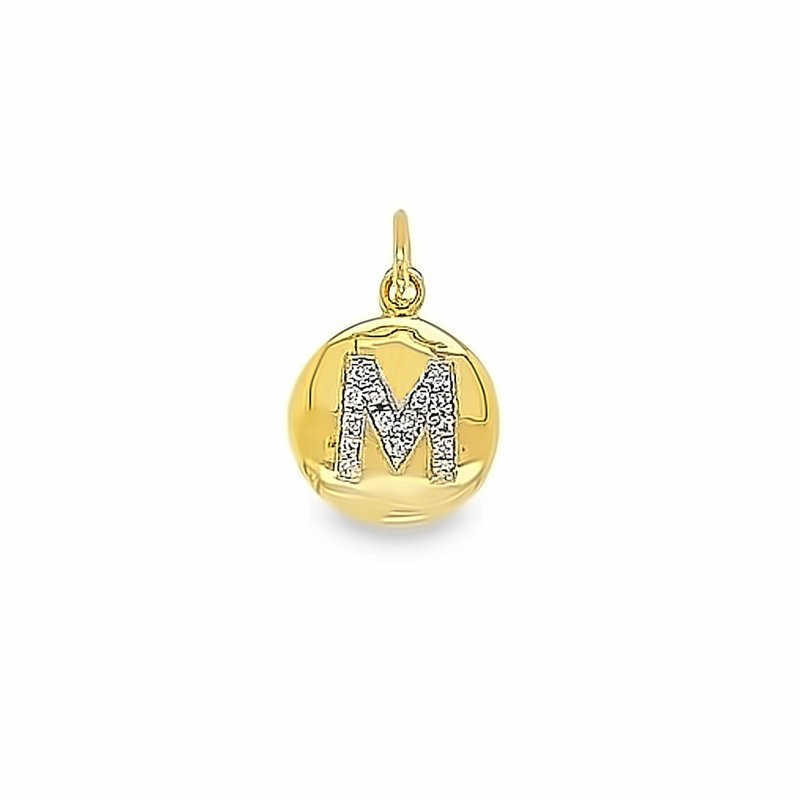 Gold pendant with letter 'M' on a white background