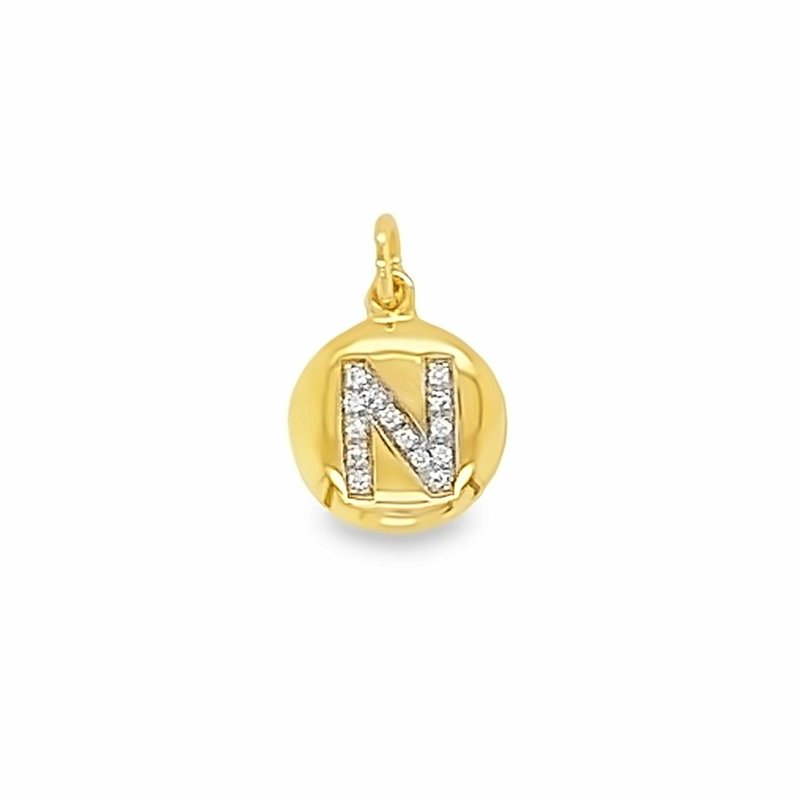 Gold pendant with letter 'N' on a white background
