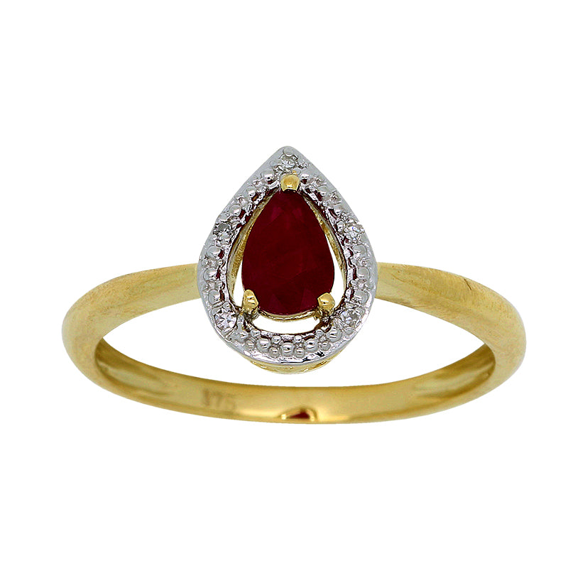 Pear-cut ruby with diamond halo ring in 9ct yellow gold