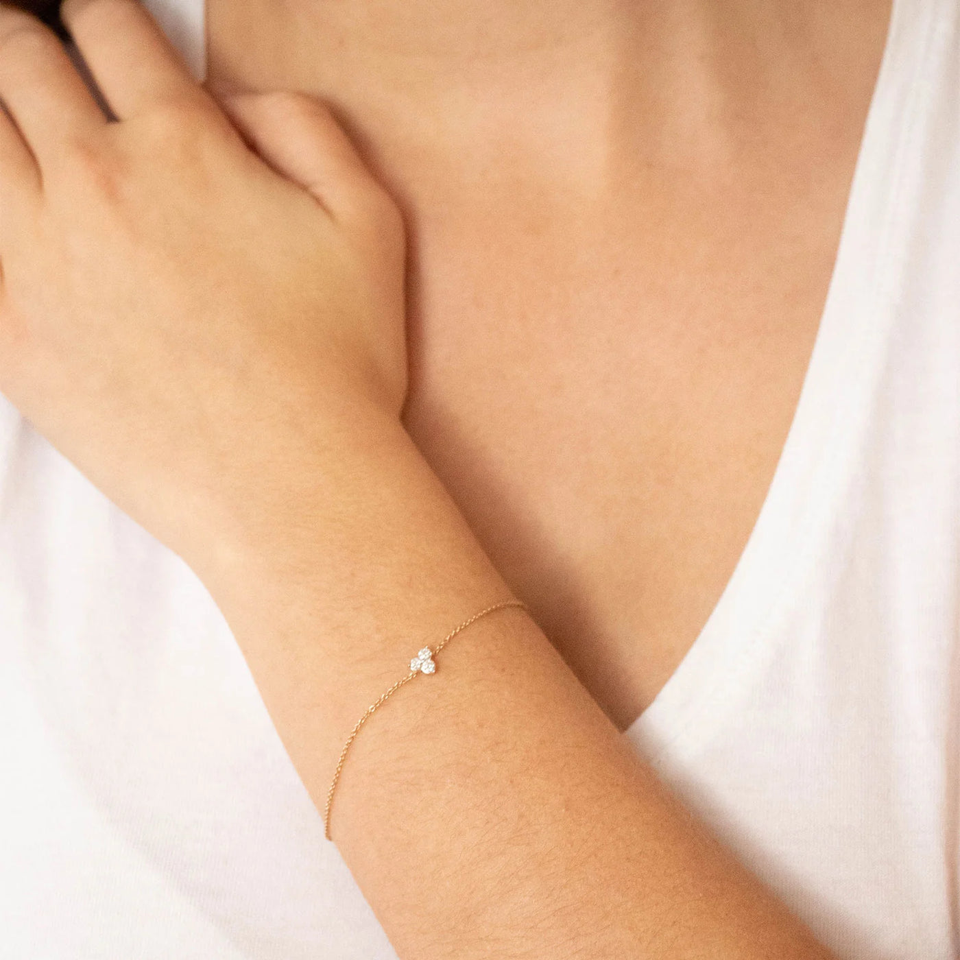 Model wearing 9ct yellow gold diamond bracelet 17cm length