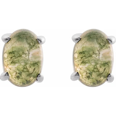 Natural Moss Agate Oval Cabochon Earrings in Polished Sterling Silver