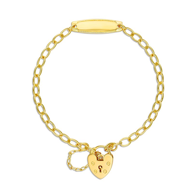 Gold chain bracelet with a heart-shaped lock charm on a white background