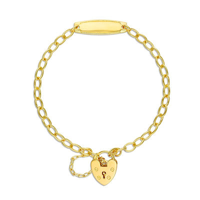 Gold chain bracelet with a heart-shaped lock charm on a white background