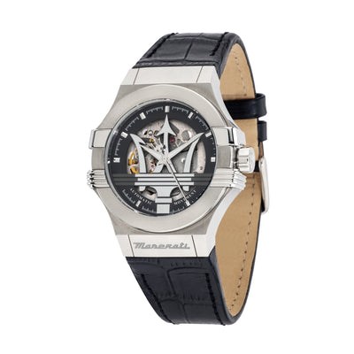 Maserati Potenza Silver Skeleton Automatic 42mm Men’s Watch with black leather strap