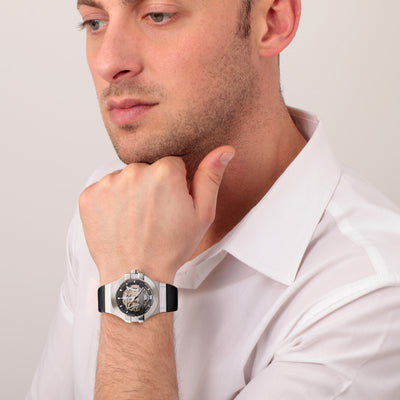 Luxury Italian Maserati skeleton watch – silver case, automatic movement