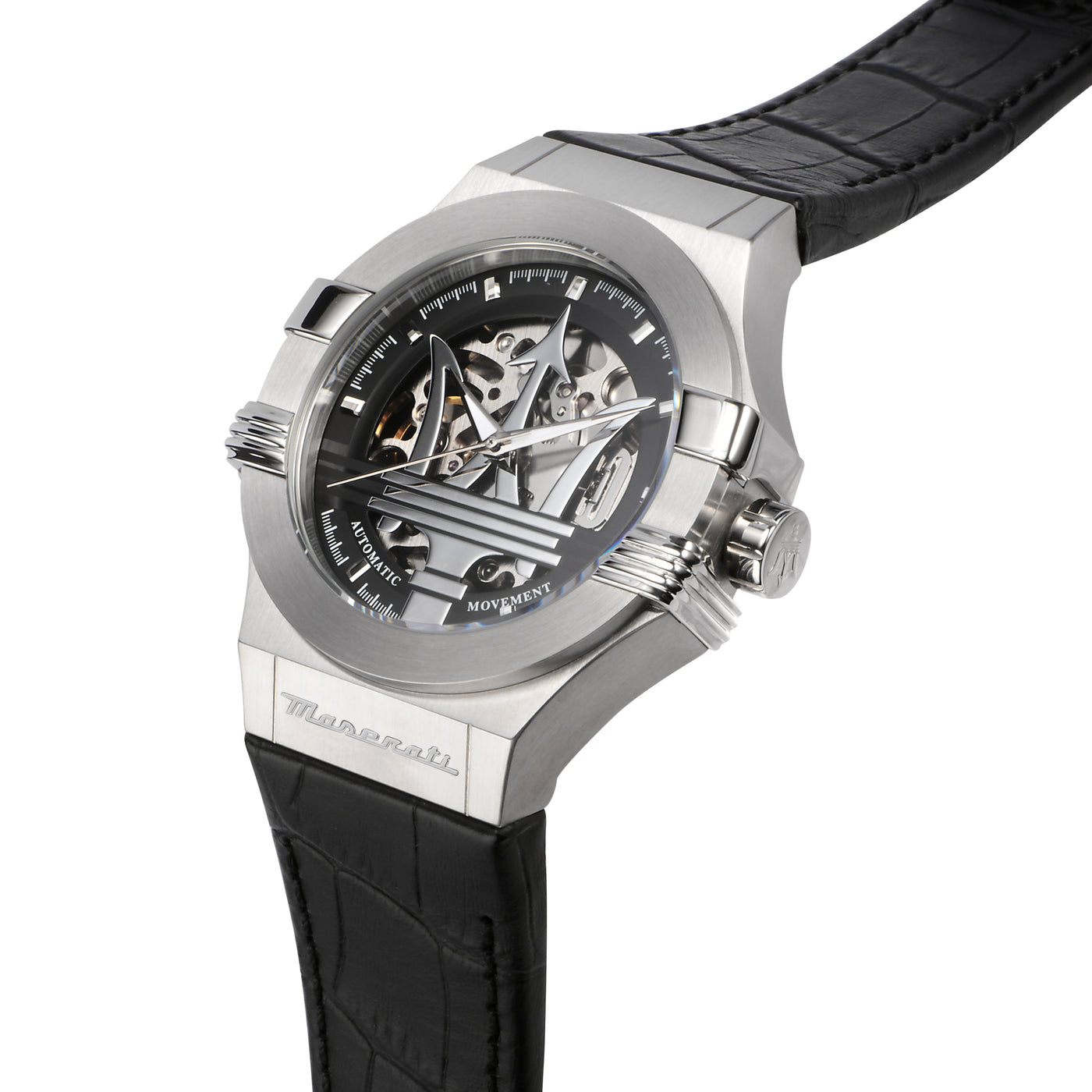 Elegant men’s silver skeleton watch with black strap – Maserati Potenza