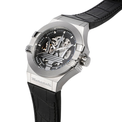 Elegant men’s silver skeleton watch with black strap – Maserati Potenza