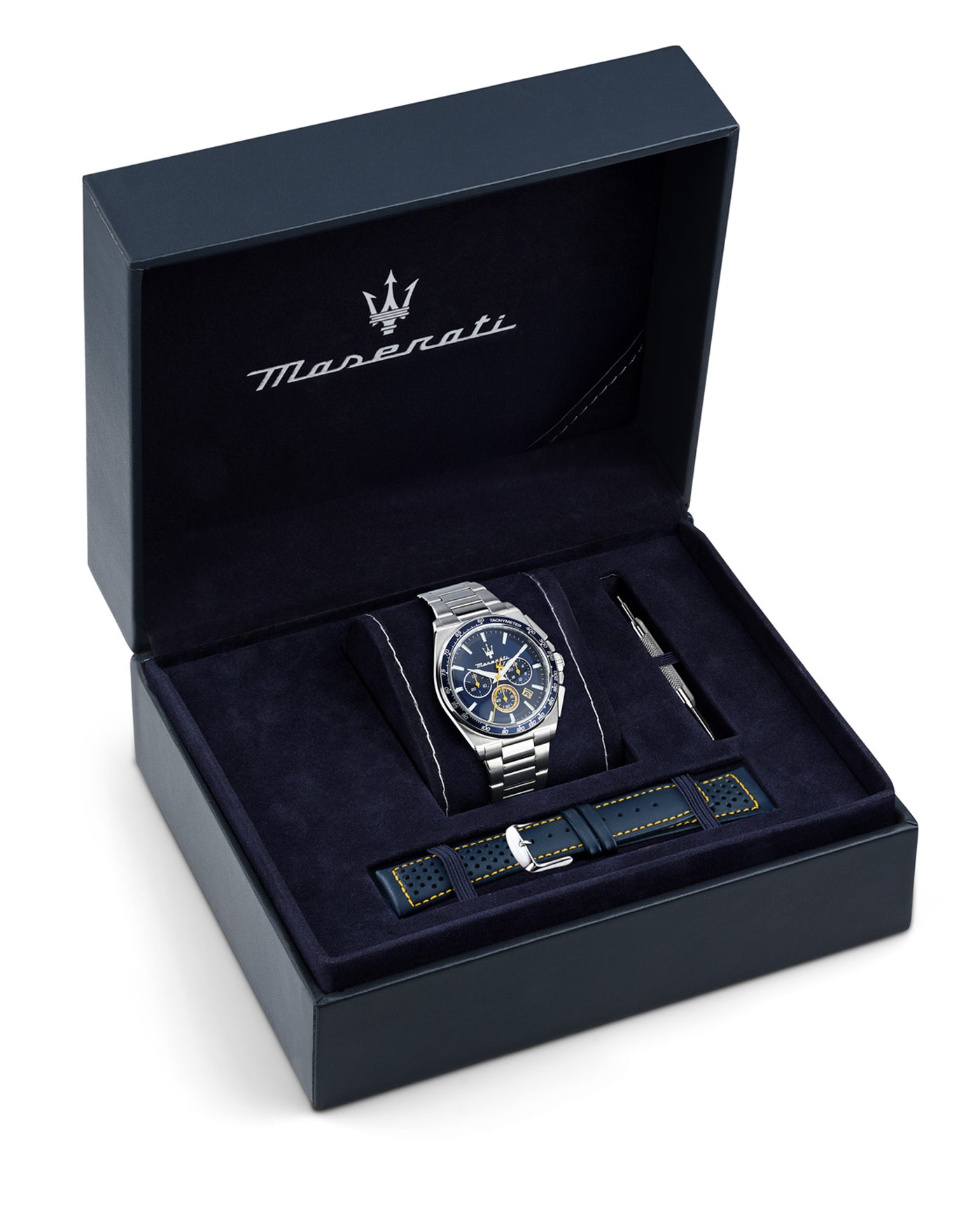 Maserati Velocita 43mm Chrono Blue Dial Stainless Steel Strap and Blue Leather Strap Watch