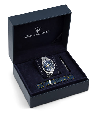 Maserati Velocita 43mm Chrono Blue Dial Stainless Steel Strap and Blue Leather Strap Watch