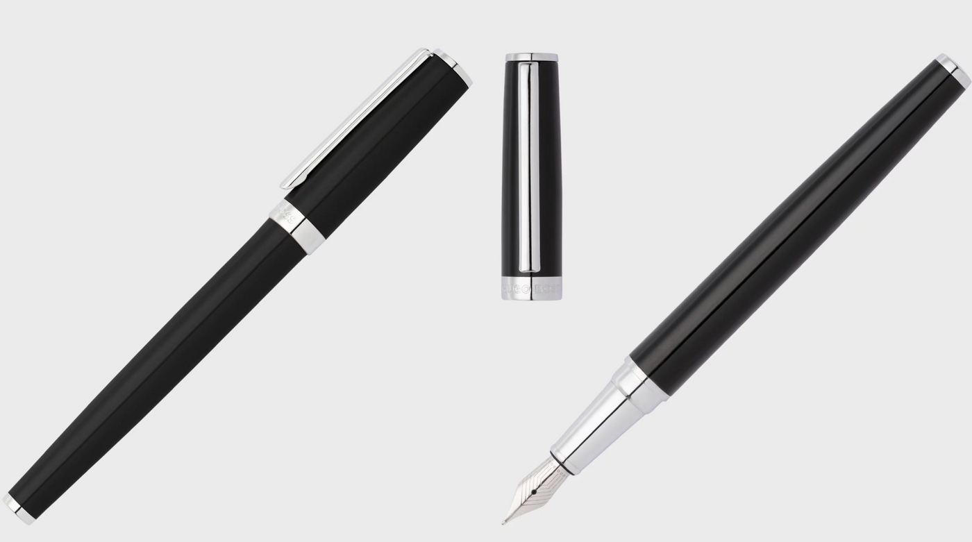 Glossy-black lacquer fountain pen with logo ring