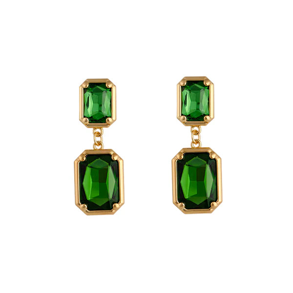 Florian Emerald-Cut Green Stone Earrings in 18ct Gold Plating