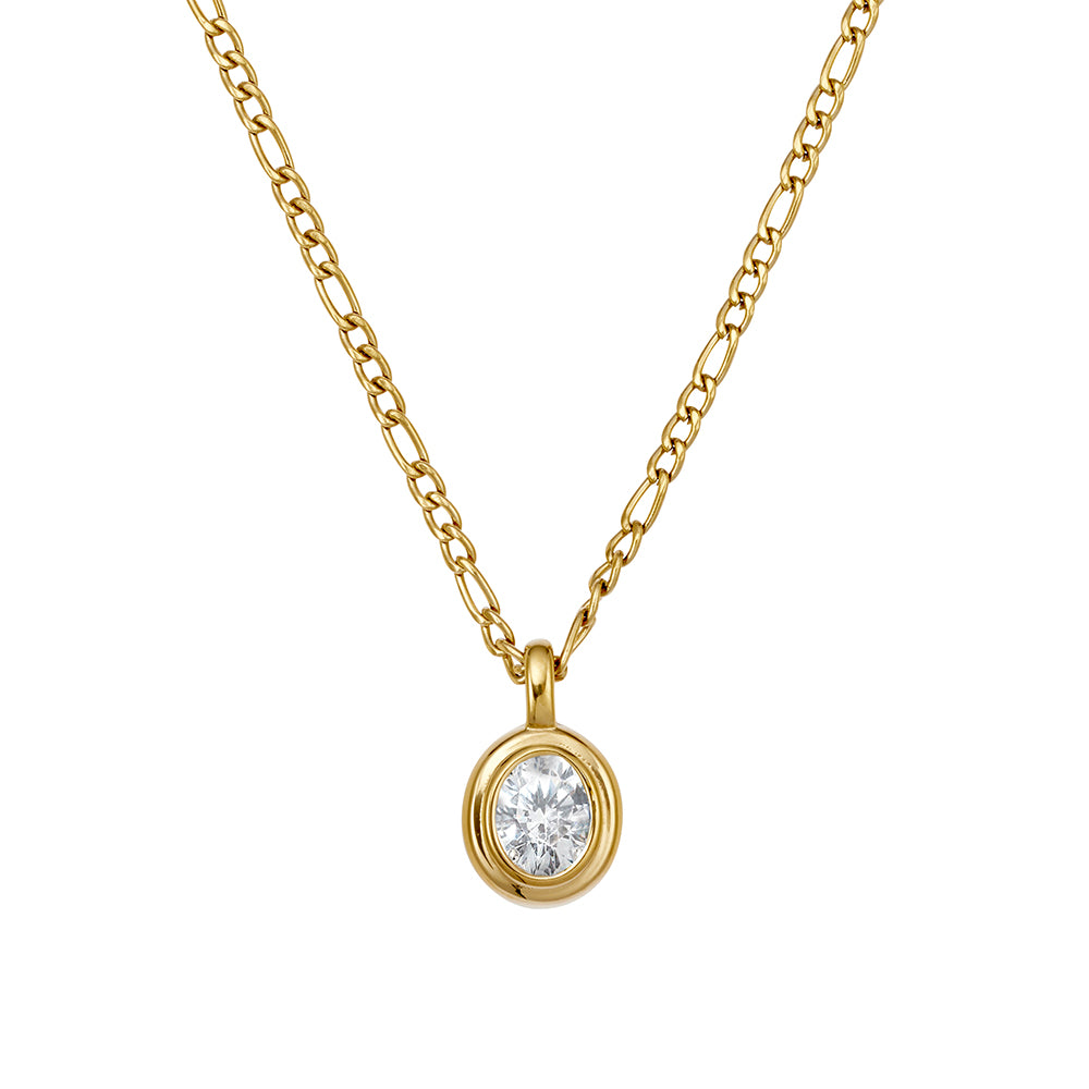 18CT gold plated stainless steel Figaro chain necklace with oval white cubic zirconia pendant – waterproof, hypoallergenic, anti-tarnish jewellery