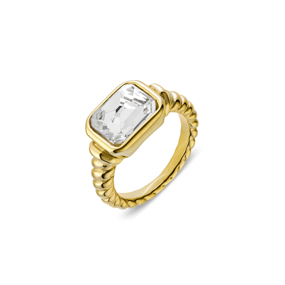 18ct gold plated stainless steel twist ring with cubic zirconia – waterproof, hypoallergenic, anti-tarnish jewellery