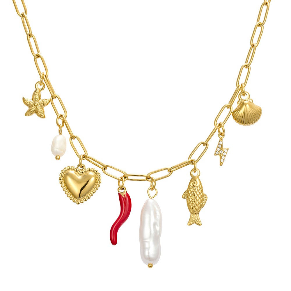18ct gold plated stainless steel paperclip chain necklace with multi-charms – waterproof, hypoallergenic, anti-tarnish jewellery Australia