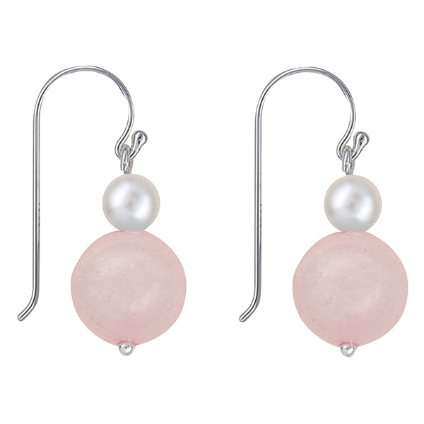 Sterling Silver Freshwater Cultured Pearl & Rose Quartz Earrings – 6mm Pearl, 11.5mm Rose Quartz