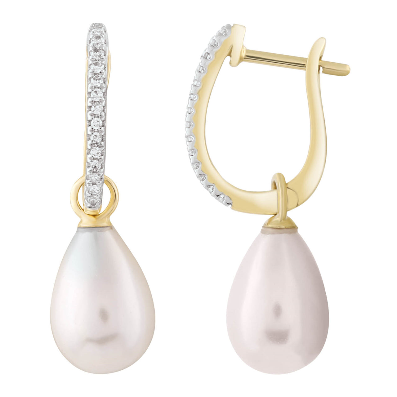 9k Yellow Gold Diamond and Pearl Drop Earrings
