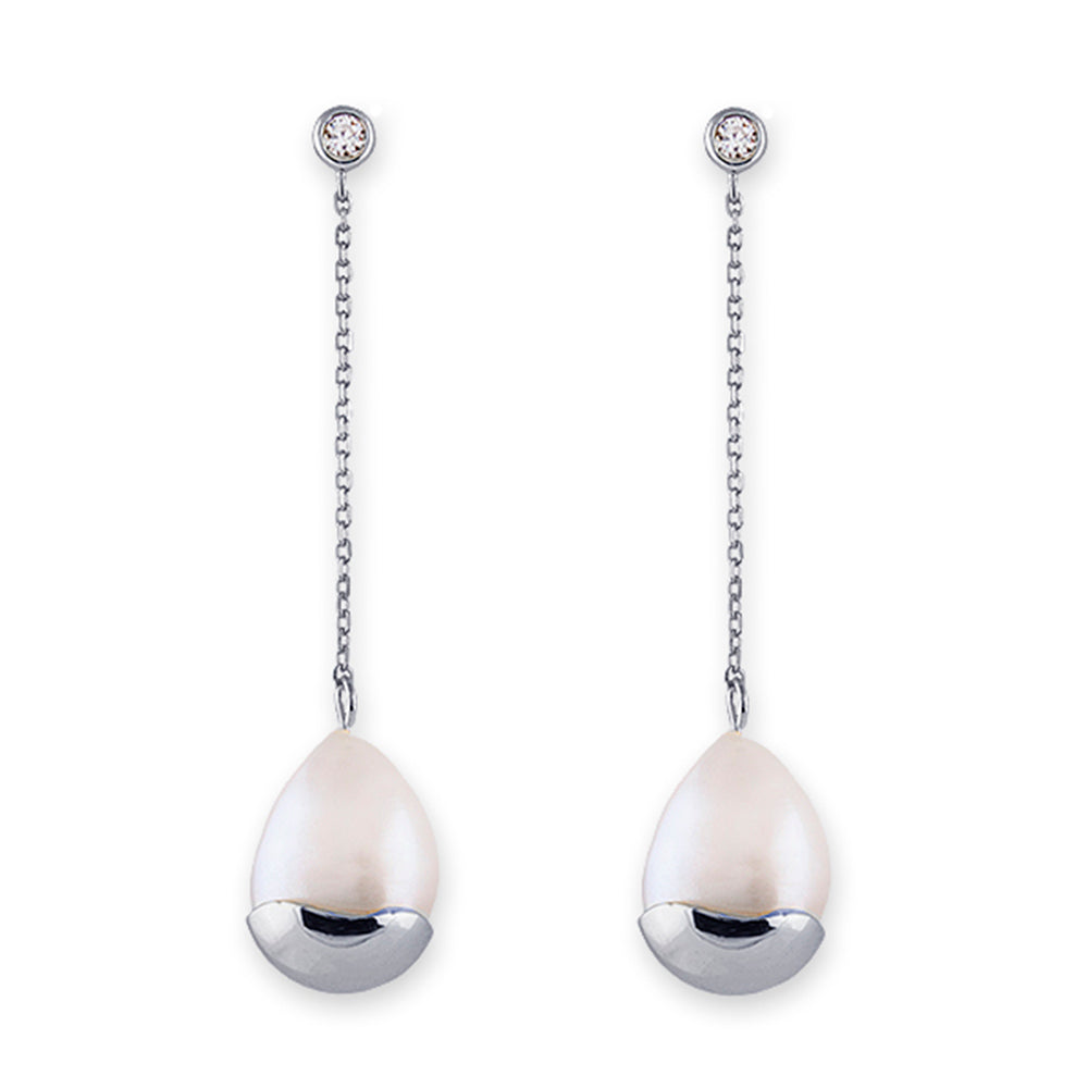 RHODIUM PLATED STERLING SILVER CHAIN EARRINGS WITH LARGE FRESHWATER PEARL WITH CAP & CUBIC ZIRCONIA