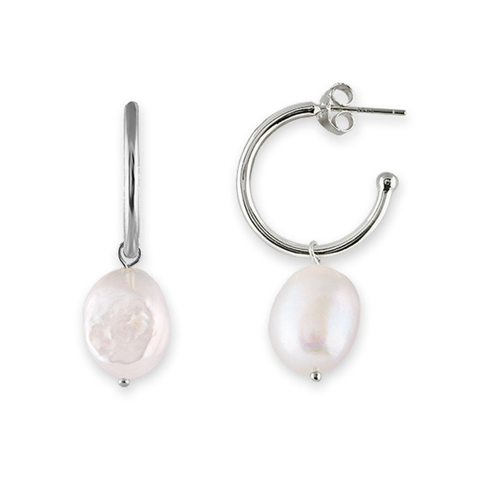 RHODIUM PLATED STERLING SILVER SMALL HOOP EARRINGS WITH LARGE FRESHWATER PEARL