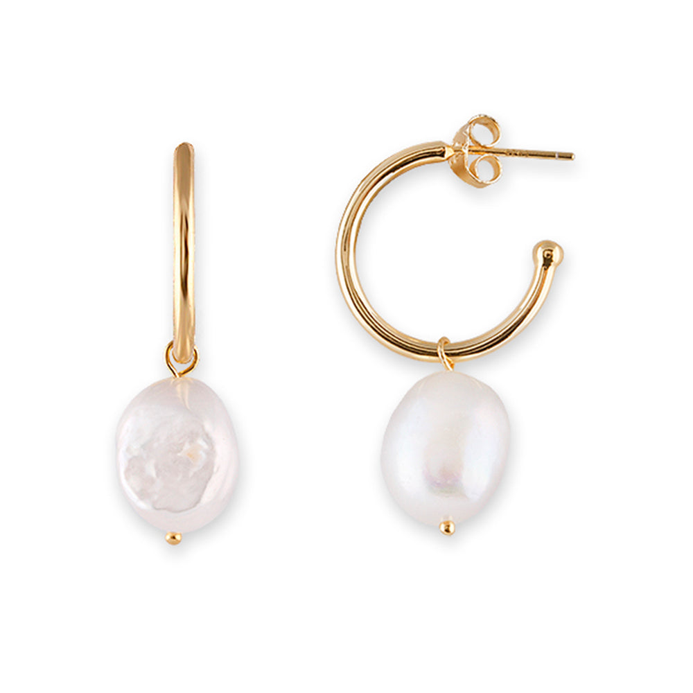GOLD PLATED STERLING SILVER SMALL HOOP EARRINGS WITH LARGE FRESHWATER PEARL