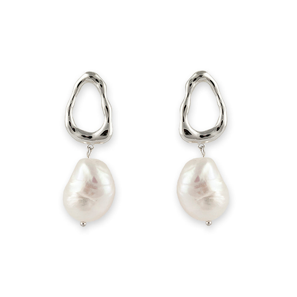 RHODIUM PLATED STERLING SILVER EARRINGS WITH LARGE FRESHWATER PEARL WITH ORGANIC TEAR DROP