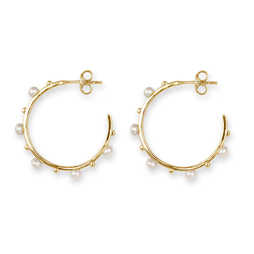 GOLD PLATED STERLING SILVER HOOP EARRINGS WITH FRESHWATER PEARL & BALLS