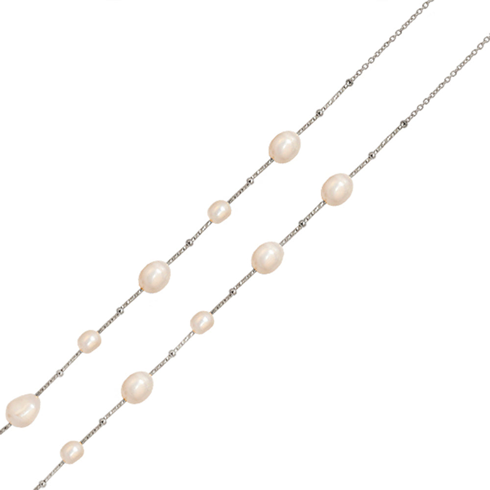 RHODIUM PLATED STERLING SILVER BEADED NECKLACE WITH FRESHWATER PEARLS