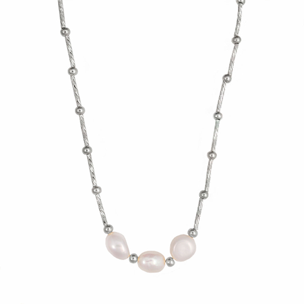 RHODIUM PLATED STERLING SILVER BEADED NECKLACE WITH THREE FRESHWATER PEARLS IN THE CENTRE