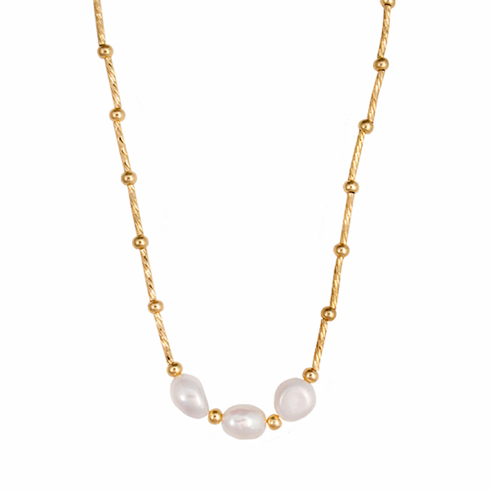 GOLD PLATED STERLING SILVER BEADED NECKLACE WITH THREE FRESHWATER PEARLS IN THE CENTRE