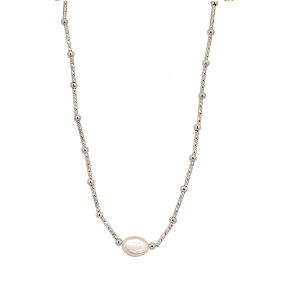 RHODIUM PLATED STERLING SILVER BEADED NECKLACE WITH ONE FRESHWATER PEARL IN THE CENTRE