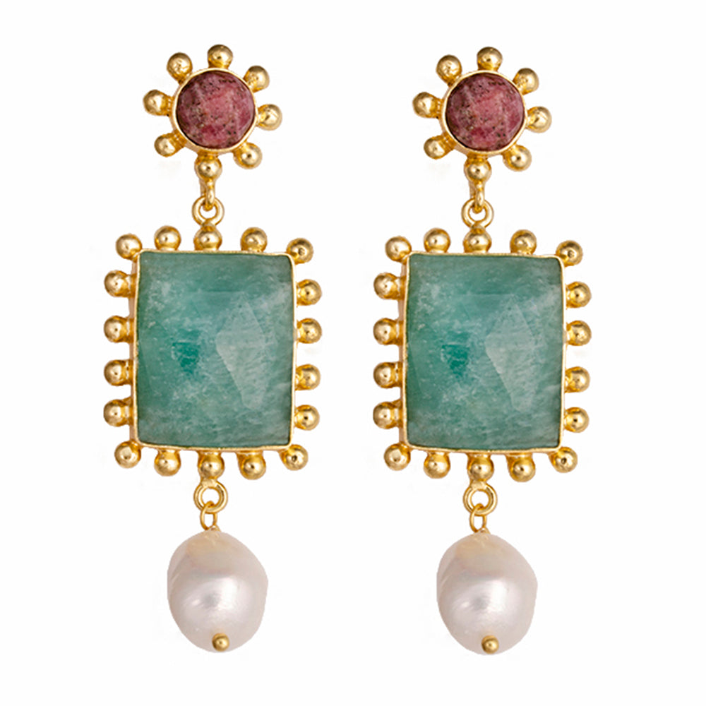 GOLD PLATED BRASS STATEMENT EARRINGS WITH RHODONITE , FRESHWATER PEARL AND AMAZONITE DROP