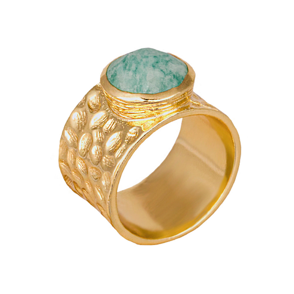 GOLD PLATED BRASS WIDE TEXTURED BAND RING WITH AN AMAZONITE STONE