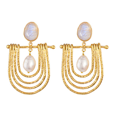 GOLD PLATED BRASS STATEMENT EARRINGS WITH RAINBOW MOONSTONE AND FRESHWATER PEARL