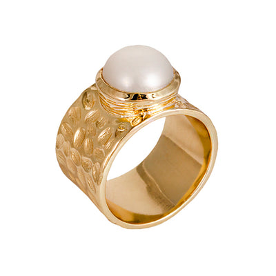 GOLD PLATED BRASS WIDE BAND RING WITH FRESH WATER PEARL