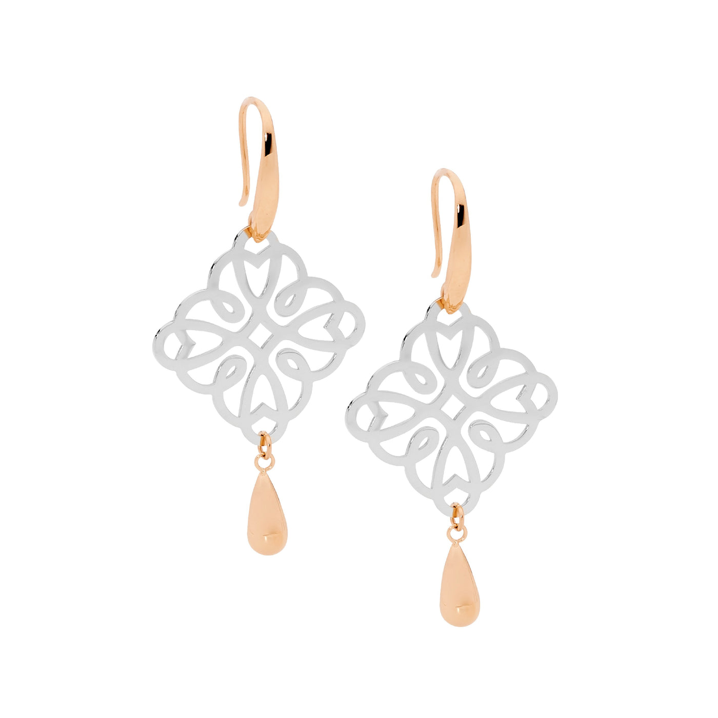 Stainless steel filigree square earrings with drop tear, 2 tone rose gold IP plating