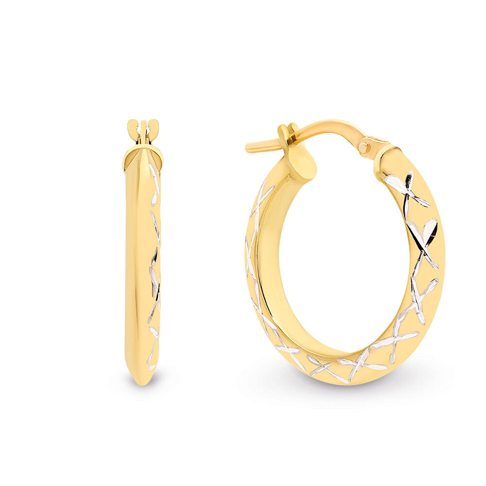 9k Yellow Gold and Silver Bonded, patterned Earrings
